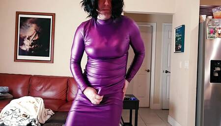 Crossdresser Masturbating in Shiny Spandex Dress
