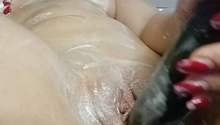 Whippes cream all over my body while playing with huge cucumber