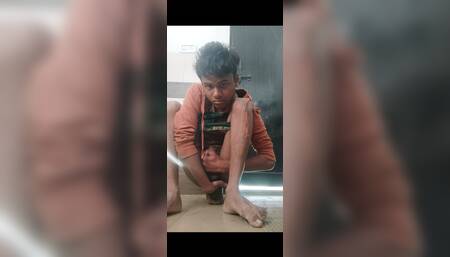Boy masterbating in bathroom with underwear