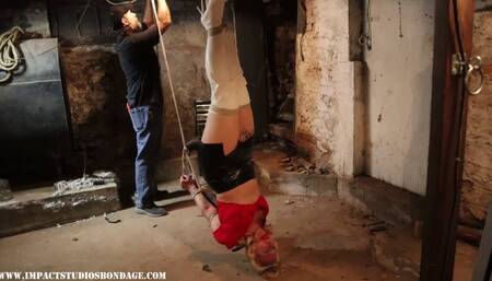 Vivica Hanging upside down tied tightly in shiny thigh high heeled boots welded elbow inverted strappado suspended by ankles