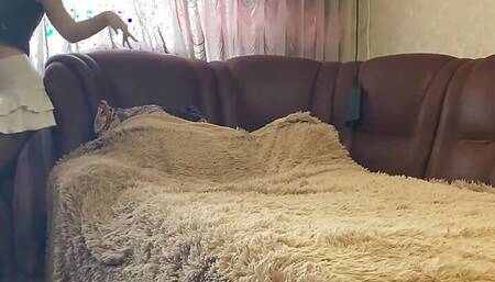 Crystal on the Bed Teasing in Minidress and Black Pantyhose