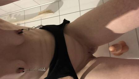 Sexy babe with big nipples Nipple clamps riding dildo