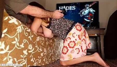 Big Tits Gamer Girl Jiggles Her Boobs While BF Plays Computer Game. Submissive BJ & Cum Swallowing