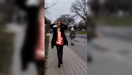 Cumwalk to the bus stop and beyond. Now with a little extra content: I'm naked under my coat and I show it.