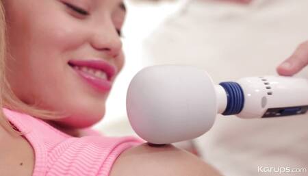 Sexy Blonde Teen Bounces Her Perfect Body on a Ball with Her Big Dick Trainer