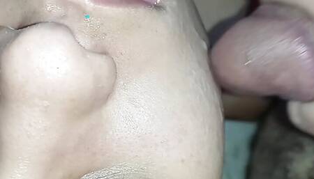 smearing the bitch's pretty face with my horny cum