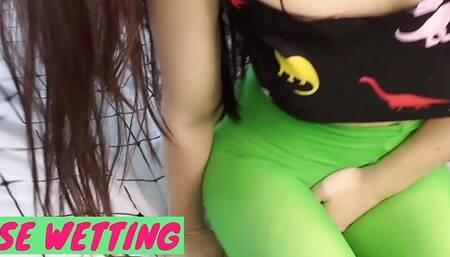 Green pantyhose wetting teaser