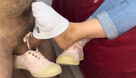 White socks and dirty pink sneakers