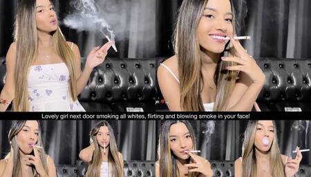 Lovely girl next door smoking long all whites, flirting and blowing smoke in your face!
