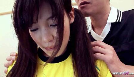 Petite Japanese Schoolgirl seduce to Double Creampie Sex in 3Some by old Guys