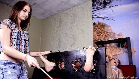 Bastinado and hot wax punishment of the wonderful Margarita's stocked feet from cruel mistress Lyana (Part 2 of 6)