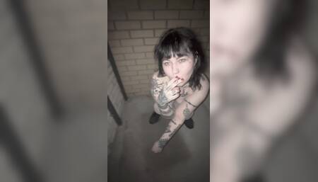 Outdoor Topless Smoking with Redlips and White Nylons