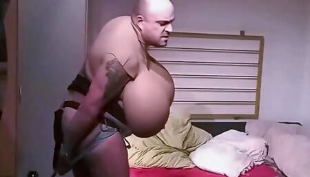 Huge dildo is pushed deeper into the ass by rubber bands. BDSM TS self bondage torture. Huge Tits Cup-Z Anal Fuck Extreme deep