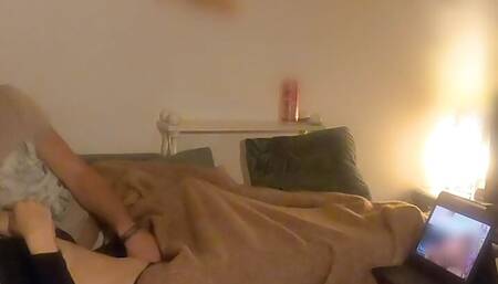 Couple in love has nice foreplay while watching porn on couch pt. 1 +(dirty) talk