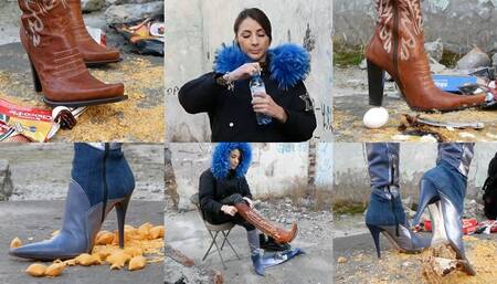 Beautiful Russian girl destroying food with high heels