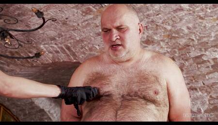 Fat Slave Guy Whipped by Lady in Black Latex