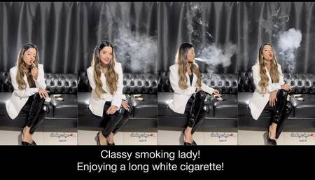 Classy smoking lady enjoying a 100s white cigarette and teasing you!