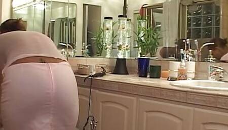 Ebony maid gets pussy hammered by her boss in the bathroom and on the bed