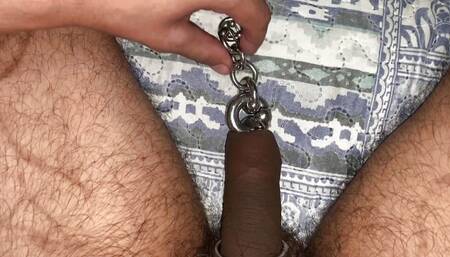 Chained pierced cock with long red toenails masturbation and tease