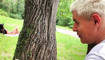 Step Dad Caught Perving on Huge Tits Topless Tanning Tart