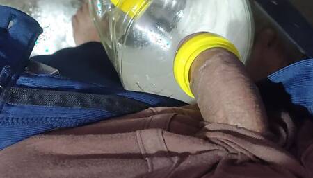 Masturbation with Oil bottle in bathroom