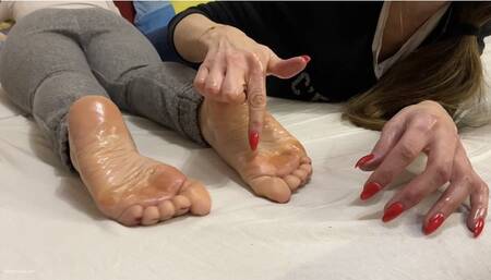 FOOT TICKLE MASSAGE FOR HER OILY SOLES WITH LONG RED NAILS - MP4 HD