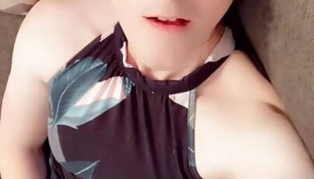 Nerdy Femboy in Glasses Lifts Dress To Play
