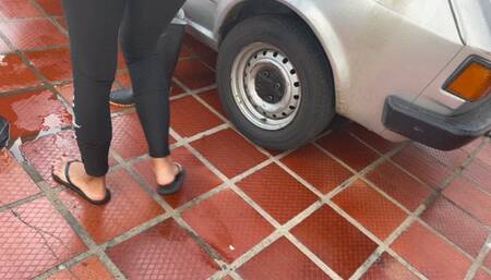 Dalilah cranking and revving the old Fiat in sportswear [CUSTOM]