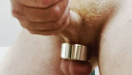 Bulging testicles dangling between my legs while jerking with ball strecthers