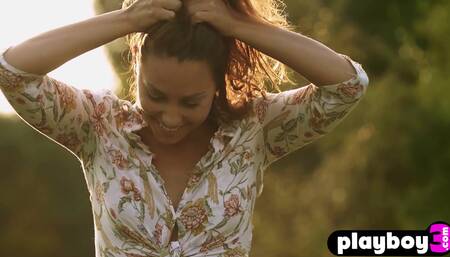 Perfect small tits MILF posing outdoor