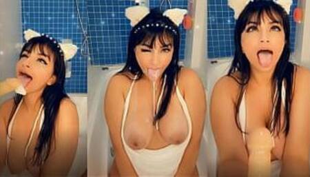 Hot sexy latina sucking dildo in the bathtub cumming in the condom and swallowing all the cum from the condom, ahegao faces