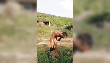 Wild masturbation in front of a house and super thick cum on a leaf