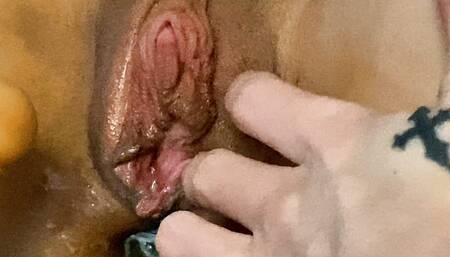 Wet pink pussy fuck machine close up