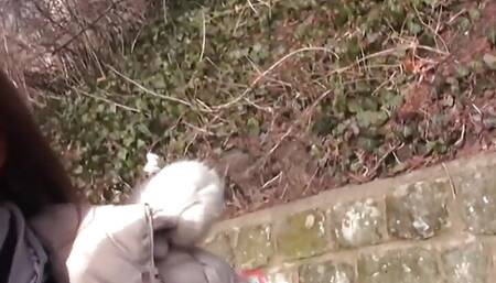 Threesome car slut fucked in amateur MMF action outdoor