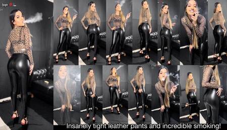 Insanely tight leather pants, huge pole heels and incredible smoking!