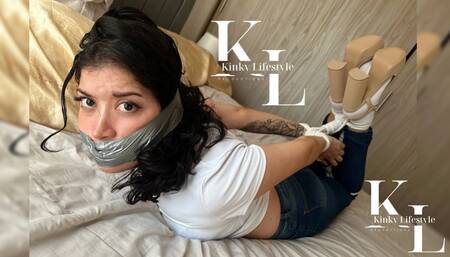 Simona Hogtied in White Socks & Tan Heels (Rope, Tight Jeans, White T shirt, Duct Tape WrapGag)