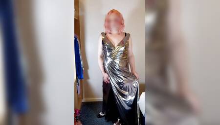 Hot TV crossdresser Nottstvslut classy silver shiny evening dress