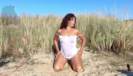 Wet and Naked in the Sand on the Beach