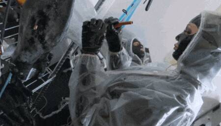 Plastic rubber suit couple and the piss fetish clinic session - Part 1