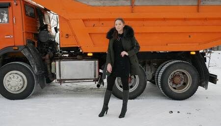 Tall long-legged beauty in high heels drives a big Soviet truck - pedal pumping