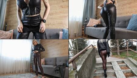 Katya wearing two totally leather outfits and walking outdoors