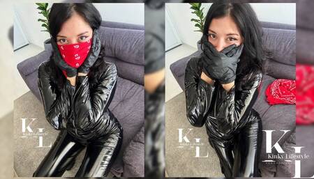 Simona's Bandana OTN Gag & Black Latex Gloves Self Handgags (Black Outfit, Catsuit, Boots, Tongue through Fingers)