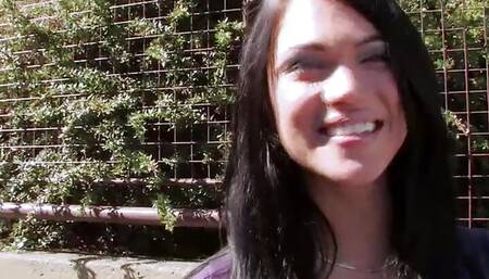 Cute sympatic british skinny brunette teen pick up on street