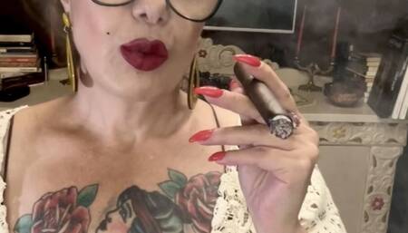 Irresistible - Beautiful and elegant lady, wearing her long vinyl dress, carefully combed blonde hair, dark red lipstick, very well made up, long red nails, deliciously smoking a nice cigar - Throwing a lot of smoke in her face, Coughing, Long drag, Multi