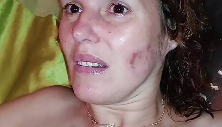 a husband fucks a beautiful wife and pours cum on her chest.