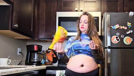 Liz River Belly Button Stuffing Challenge with Self Tickle, Food Stuffing, Messy, Stomach, Crop Top, Thong, Long Hair,