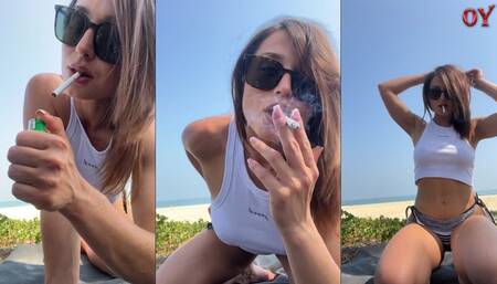 Beach smoking in panties