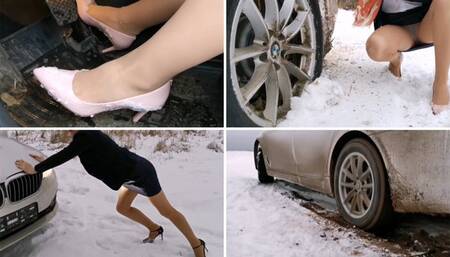 St Valentine's HOT PREMIERE: Real estate agent got stuck in her car in snow on muddy slope