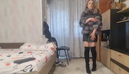 fur coat, leather, high heels ,striptease