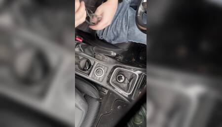Slave in a car in public without jeans